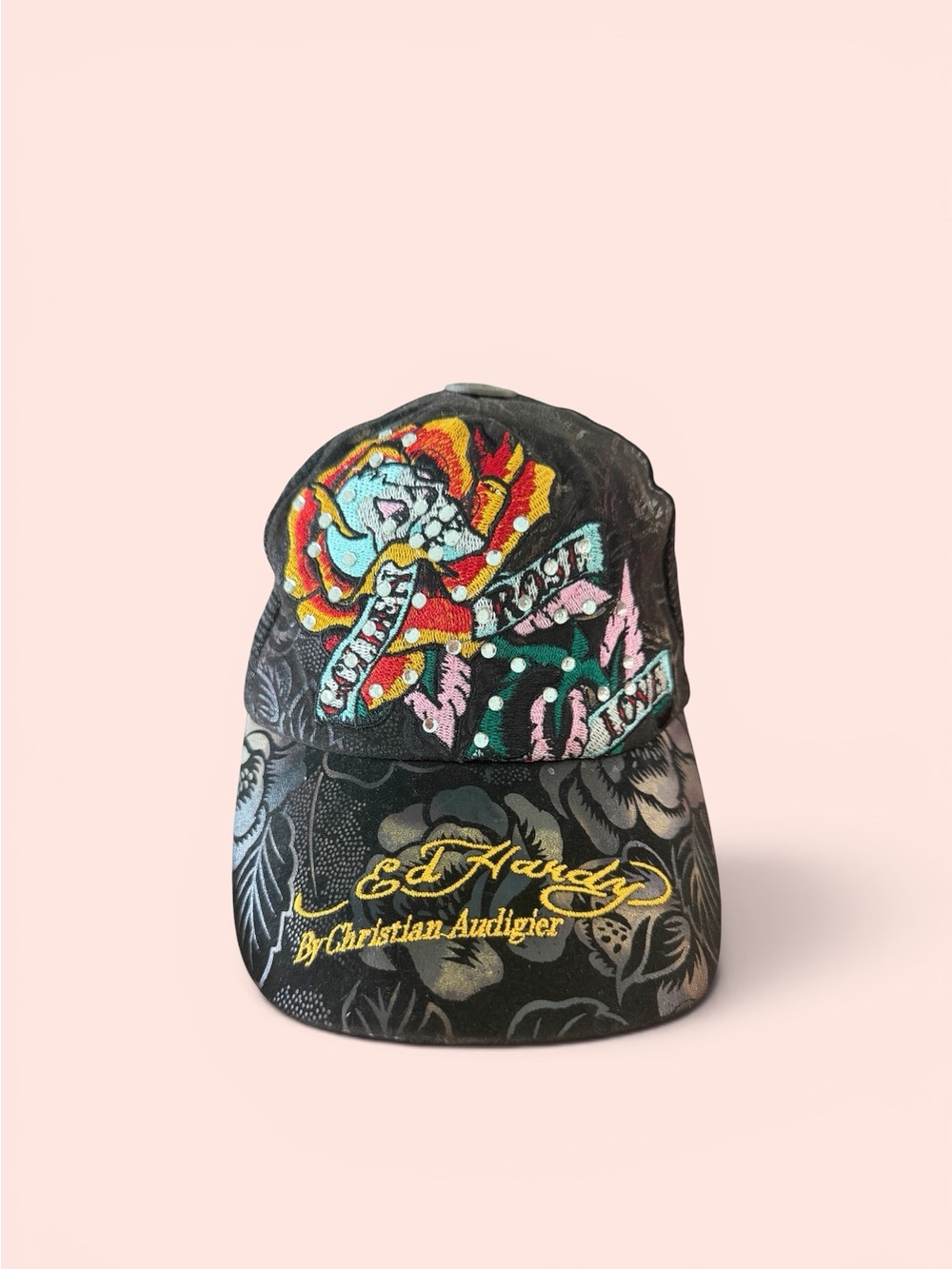 Ed Hardy vintage y2k trucker Hat w/Rhinestone bling Embroidered Rose